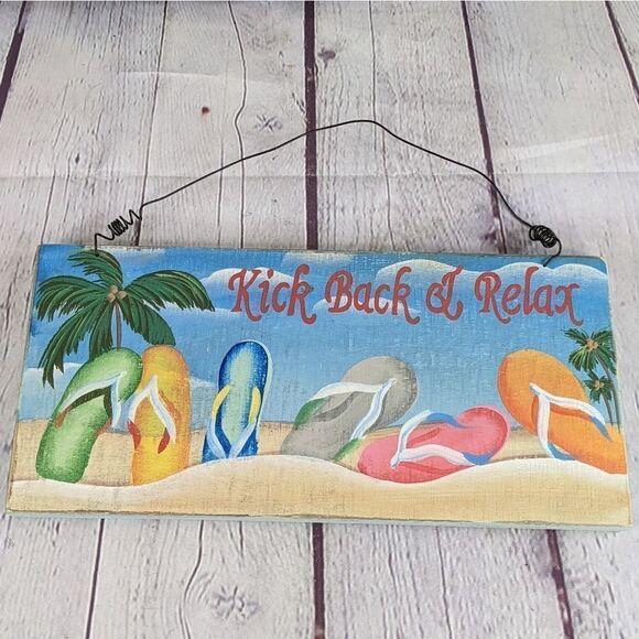 "Kick Back & Relax" Tropical Beach Distressed Wood Sign Home or Tiki Bar… - Picture 2 of 7
